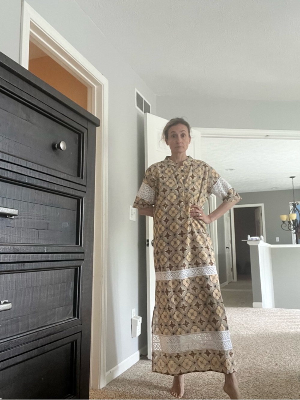 Julia Amory Majorelle Brown Patterned Maxi Dress with Lace Trim